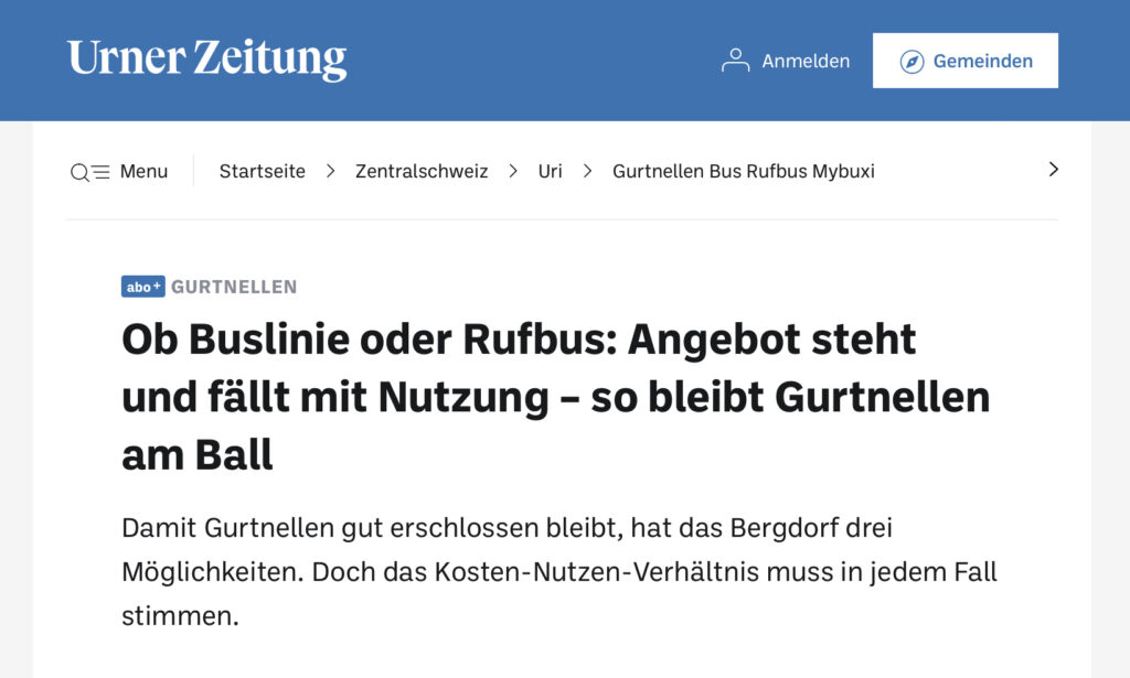 Medienbericht Urner Zeitung: „Buslinie oder Rufbus: Angebot steht und fällt mit Nutzung - so bleibt Gurtnellen am Ball“