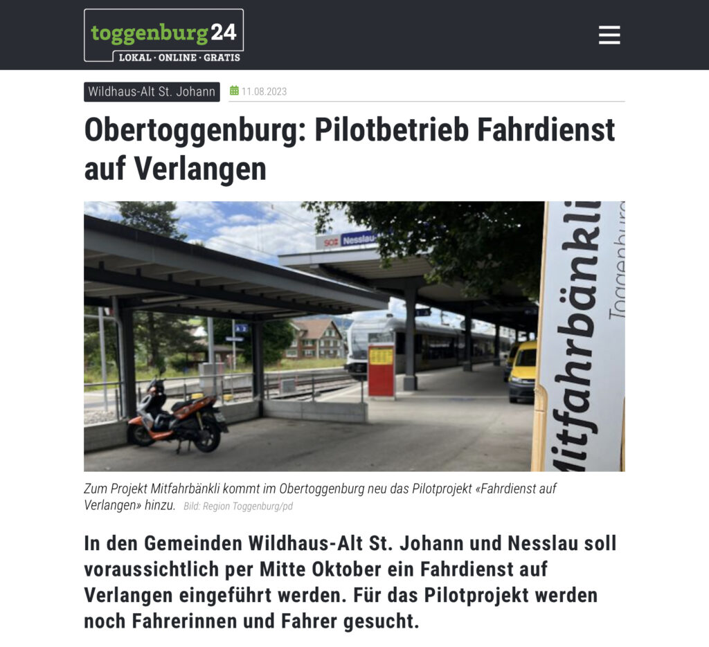 Medienbericht „Obertoggenburg: Pilotbetrieb Fahrdienst auf Verlangen“
