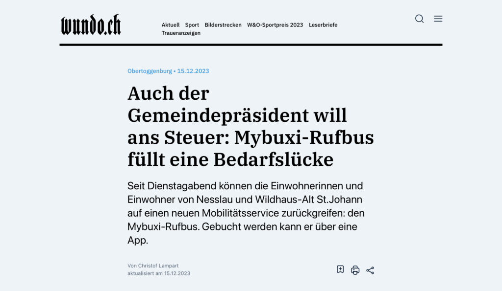 Medienbericht: „Auch der Gemeindepräsident will ans Steuer: mybuxi-Rufbus füllt eine Bedarfslücke“